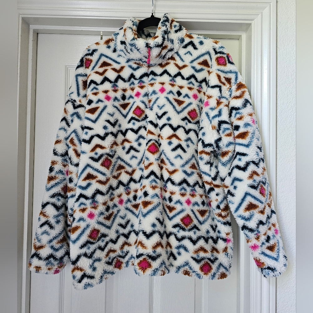 Eddie Bauer teddy pullover fleece aztec southwestern print 1/4 zip women…